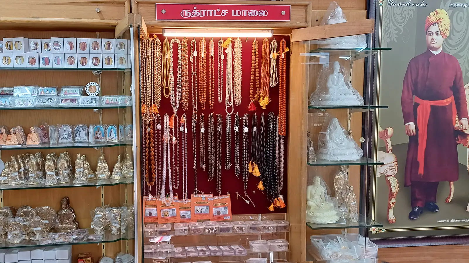Rudraksha, Karungali, Sandal, Tulsi, sphatika beads, Small statues displayed at Ramakrishna Math Madurai